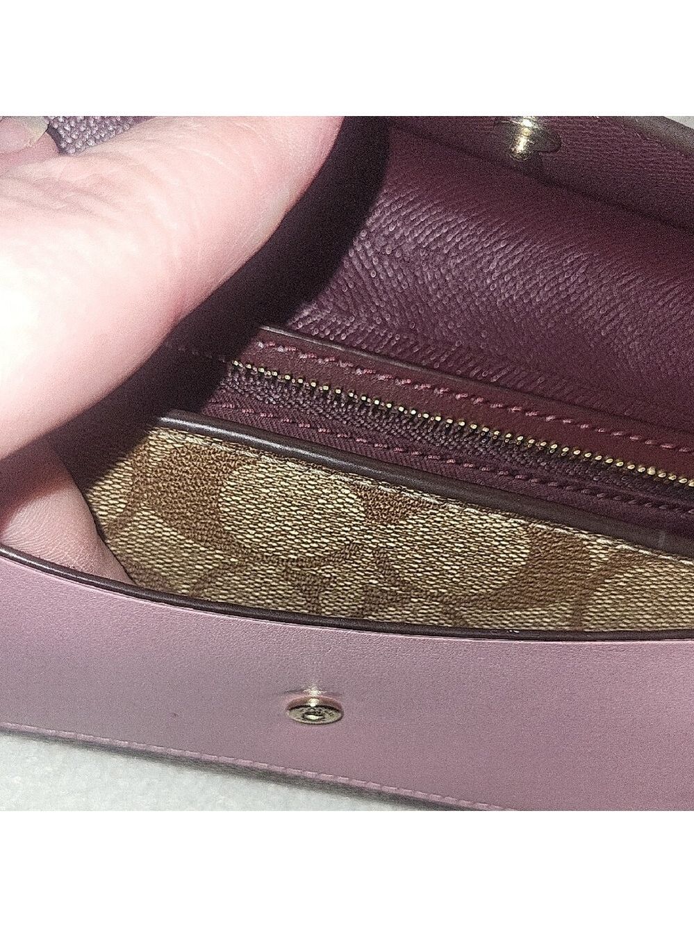 Coach Trifold Wallet in Burgundy, Pink & Brown Signature Canvas - Picture 5 of 13